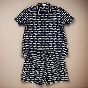 North Face Blue Shirt & Shorts Set Mens XXL  All Over Trout Print Short Sleeve